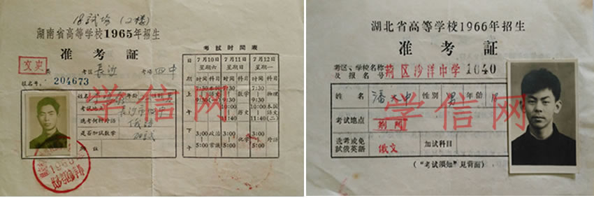 1965年湖南省高校招生准考证 1966年湖北省高校招生准考证(无招生用章